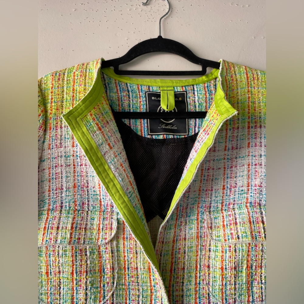BLONDE No.8 STOCKHOLM Tweed Long Blazer Neon Trim Yellow Blue M Coat - Picture 9 of 16